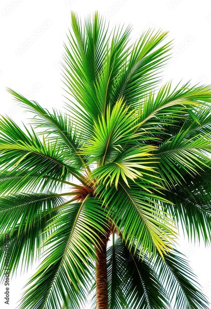 Fototapeta premium Single majestic palm tree, lush green fronds, against pure white backdrop, background, image