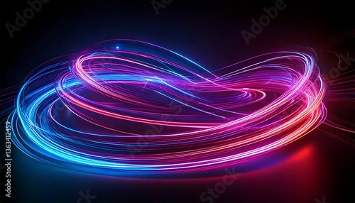Glowing neon light trails forming curves isolated on dark themed background