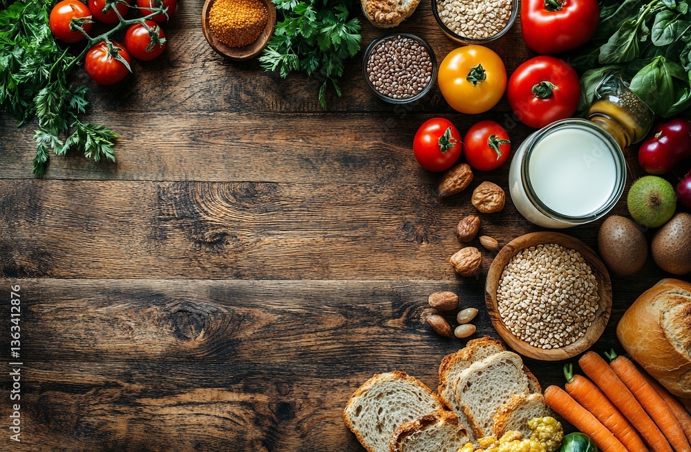 A vibrant selection of healthy foods arranged on a rustic wooden surface. Fresh produce, grains, and dairy create a balanced and nutritious composition. A vibrant selection of healthy foods arranged on a rustic wooden surface. Fresh produce, grains, and dairy create a balanced and nutritious composition.