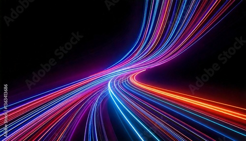 Glowing neon light trails forming curves isolated on dark themed background