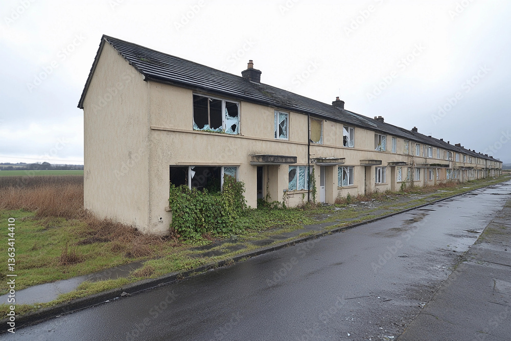 Row of abandoned houses with broken windows in desolate urban environment during overcast weather Row of abandoned houses with broken windows in desolate urban environment during overcast weather