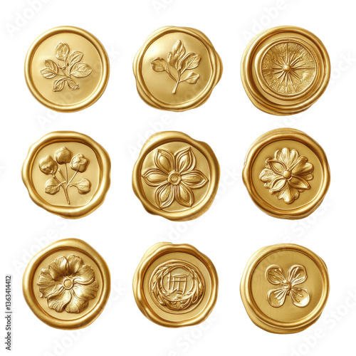 Set of gold wax seals wax stamps isolated on transparent background