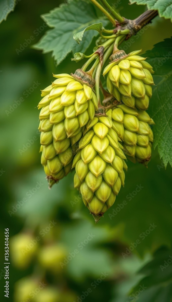Vibrant green hops cones clinging to a bines branch, field, vine Vibrant green hops cones clinging to a bines branch, field, vine