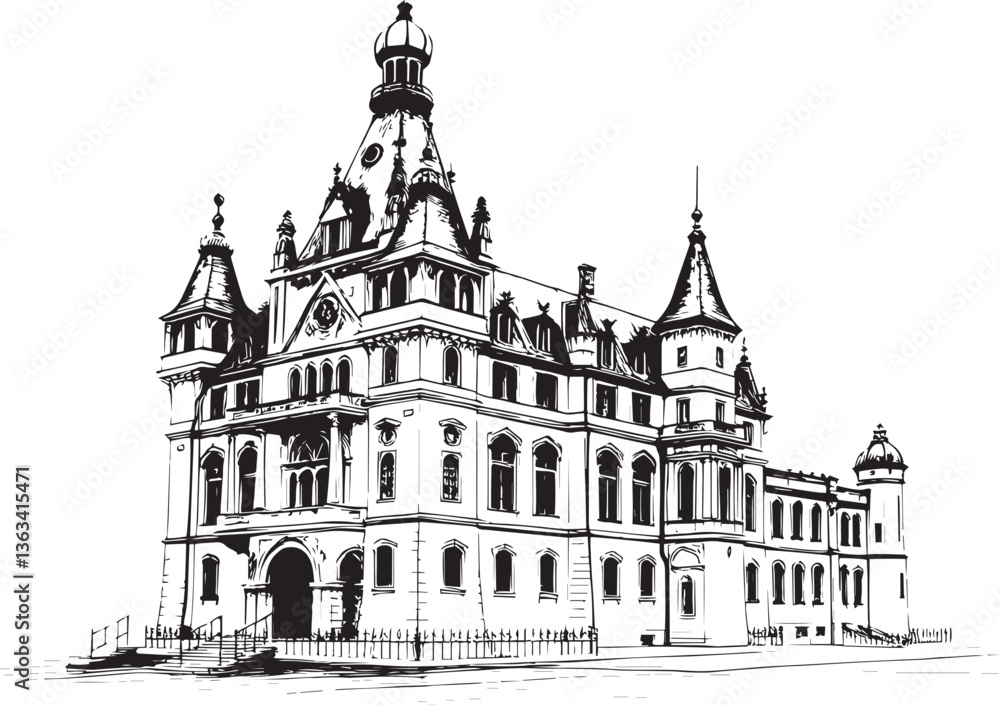 Obraz premium Old Gothic architecture, towers, castles. Hand drawn vector illustration