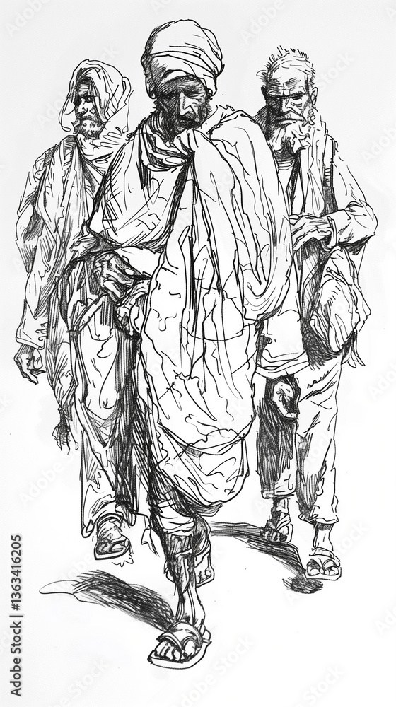 Obraz premium Sketch of men walking, one with a cane.