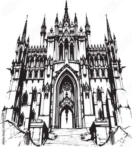 Old Gothic architecture, towers, castles. Hand drawn vector illustration