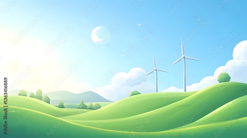 Fototapeta premium Renewable Energy's Embrace: Panoramic view captures wind turbines amidst rolling green hills under a radiant sky, a symbol of clean energy