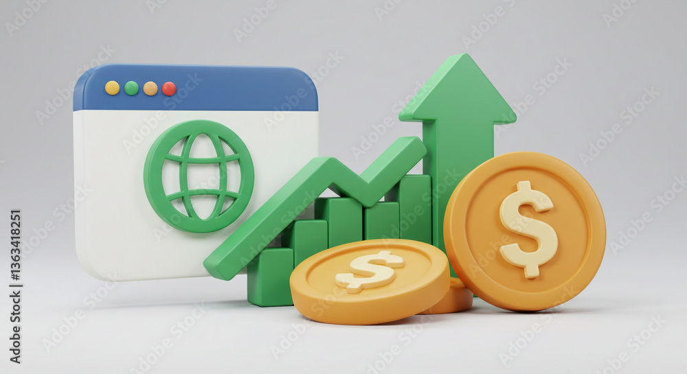 Global online business growth and financial success visualized with vibrant 3D icons, showcasing upward trending graphs and dollar coins against a clean, minimalist background. Global online business growth and financial success visualized with vibrant 3D icons, showcasing upward trending graphs and dollar coins against a clean, minimalist background.