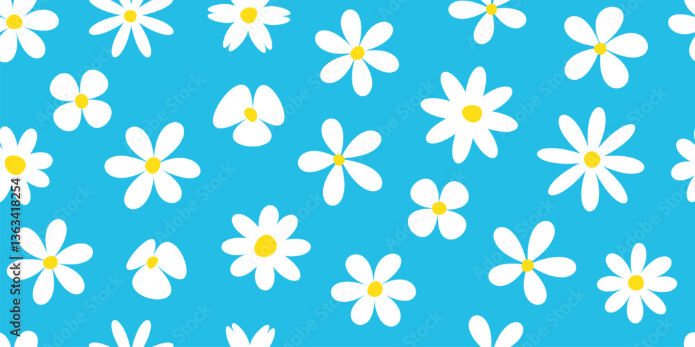 Cartoon flower daisy seamless pattern, spring chamomile background, cute baby camomile bg, white and blue color groovy print, fun plant textile, comic floral pattern. Funky blossom vector illustration Cartoon flower daisy seamless pattern, spring chamomile background, cute baby camomile bg, white and blue color groovy print, fun plant textile, comic floral pattern. Funky blossom vector illustration