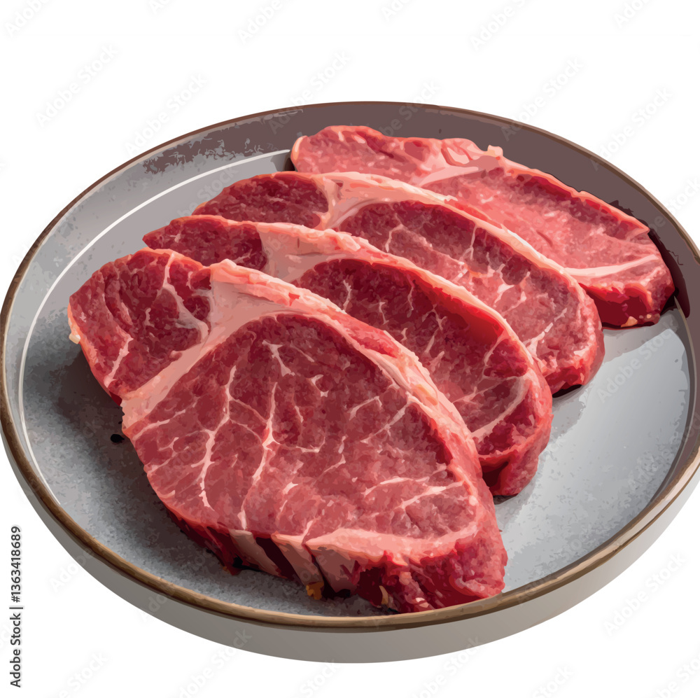 Premium Cuts: A close-up studio shot of a plate of raw, juicy, and perfectly marbled beef steaks, ready for grilling. Premium Cuts: A close-up studio shot of a plate of raw, juicy, and perfectly marbled beef steaks, ready for grilling.