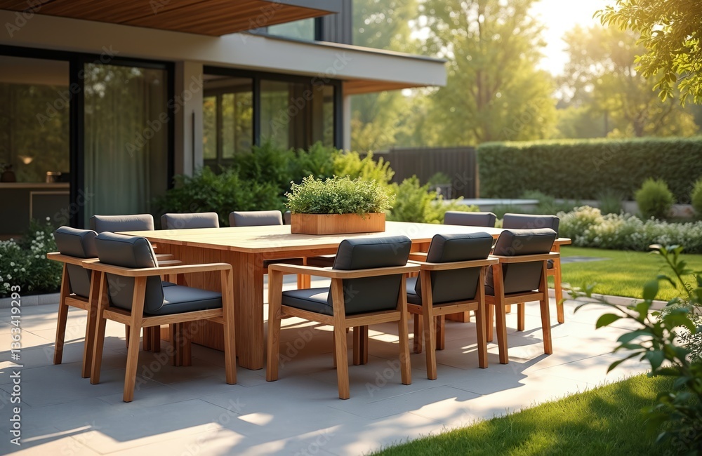Fototapeta premium Modern outdoor dining area with wooden table chairs. Patio garden setting, house backyard view with dining table. Green grass foliage with modern house in background. Summer vacation leisure.