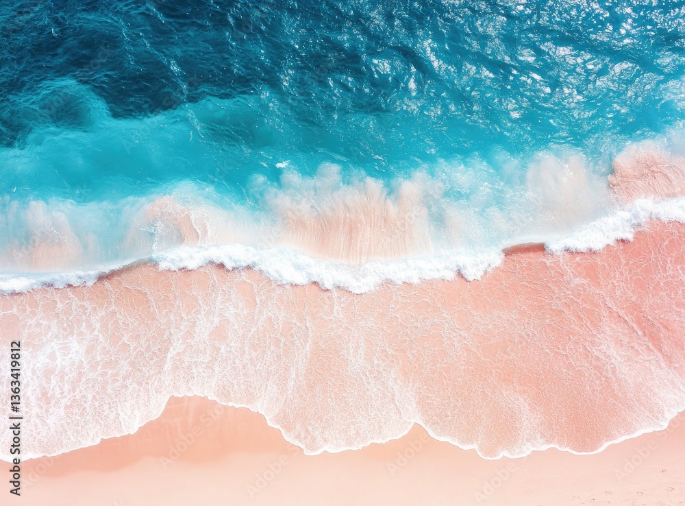 Fototapeta premium Aerial View of Ocean Waves Crashing on Pink Sand Beach Shoreline