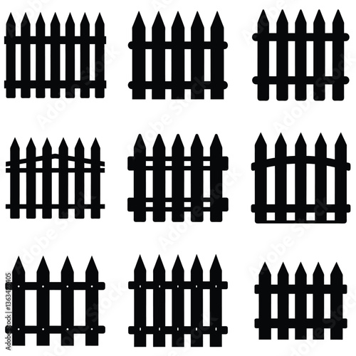 Collection of Simple Black and White Wooden Fence Silhouettes