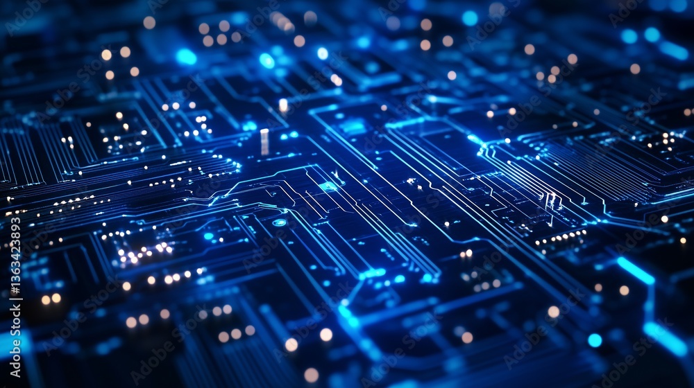 Obraz premium High-tech circuit board background, abstract digital technology presentations, electronic components, digital infrastructure, blue tech theme, modern electronics evolution expansion background image