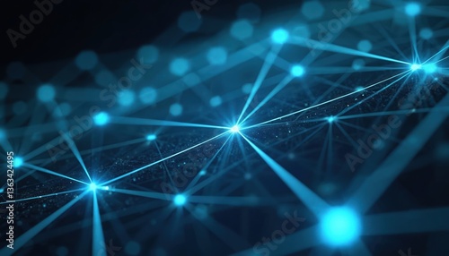 Abstract blue polygonal shapes represent tech innovation, digital connection. Dots, lines create network, data exchange. Futuristic backdrop for digital tech, web design, science illustrations.