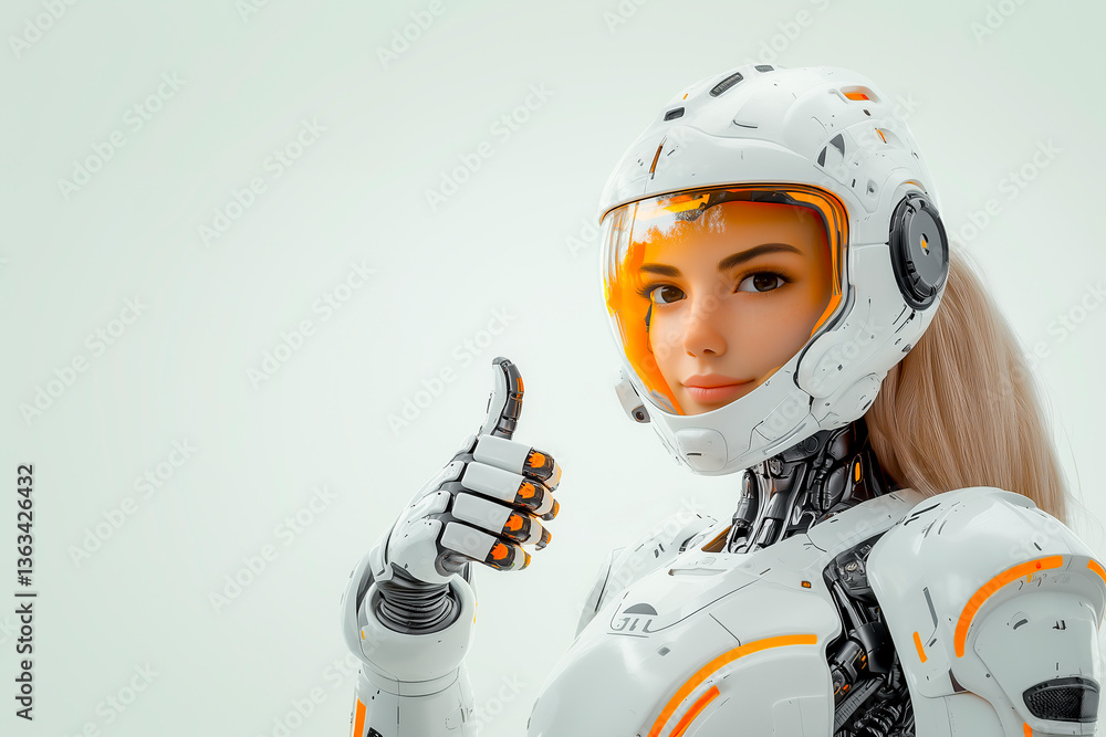 Poster with a robot woman giving thumbs up with copy space isolated on white background