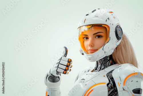 Obraz na płótnie
Poster with a robot woman giving thumbs up with copy space isolated on white background w salonie