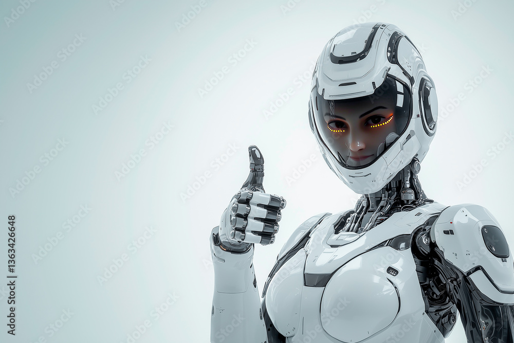 Poster with a robot woman giving thumbs up with copy space isolated on white background