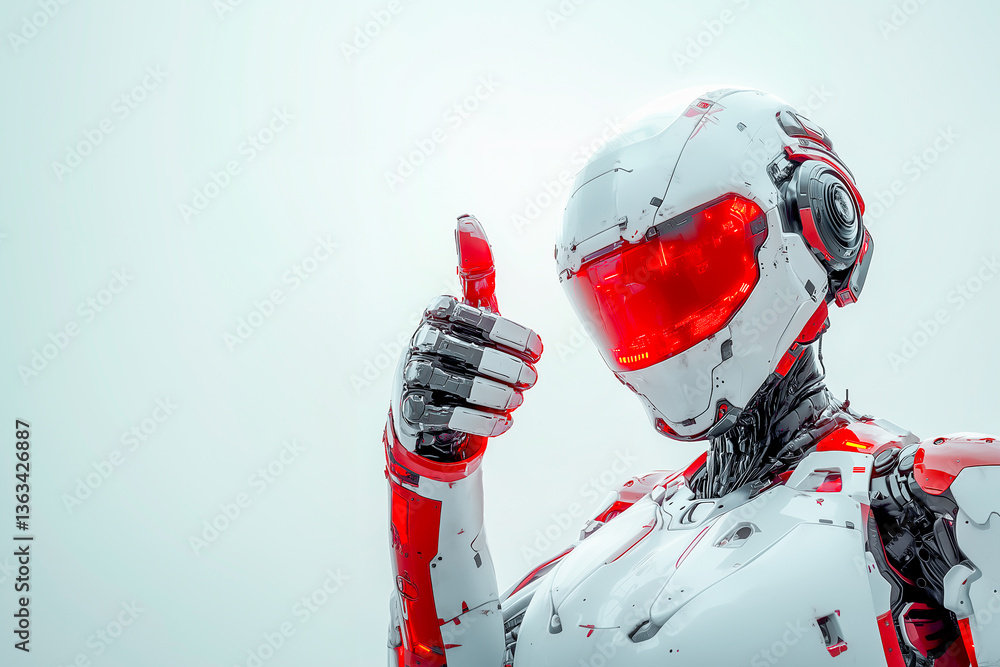 Poster with a robot woman giving thumbs up with copy space isolated on white background