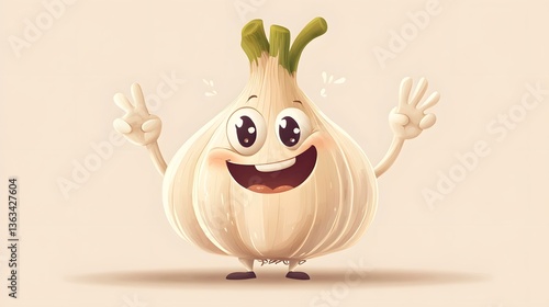 Cheerful and Vibrant Cartoon Garlic Vegetable Character for Designs