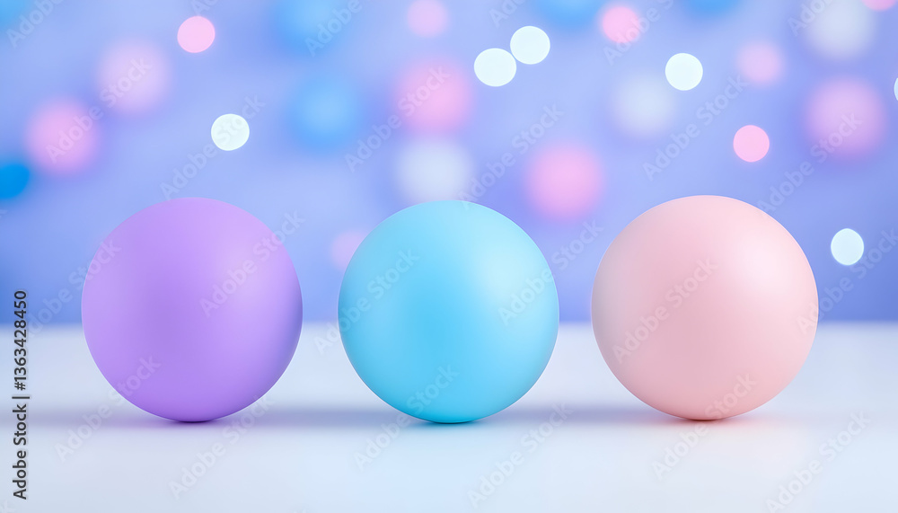 Three pastel spheres on white surface with bokeh background Three pastel spheres on white surface with bokeh background