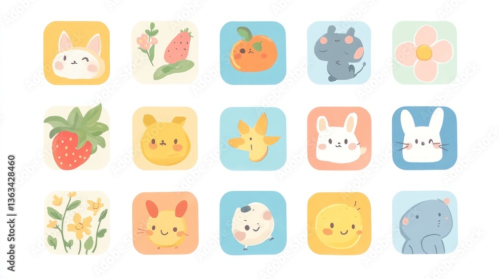 Cute animal and object icon set on pastel squares for app design or children's use Cute animal and object icon set on pastel squares for app design or children's use