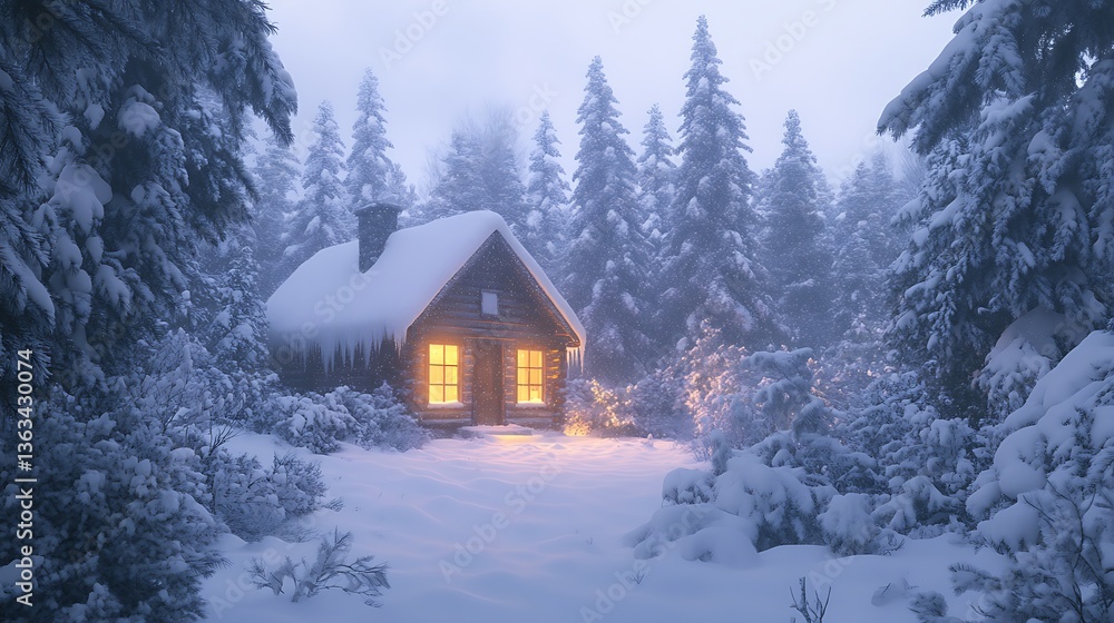 Fototapeta premium A serene winter cabin in the middle of a snowy forest, soft light glowing from the windows, surrounded by snow-laden pines, with a gentle snowfall and dusk approaching.