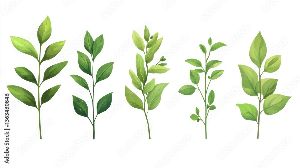 Obraz premium Green leaf sprigs, botanical illustration, isolated on white, for design