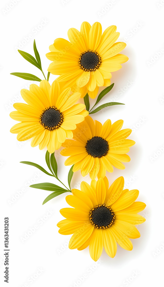 Obraz premium Vibrant yellow daisies with green leaves arranged vertically on white