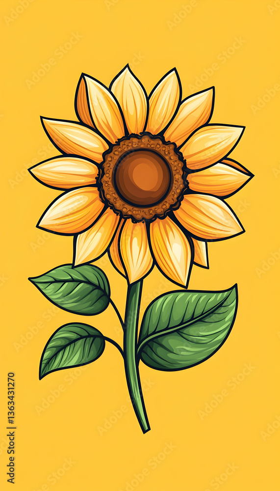 Fototapeta premium Vibrant yellow sunflower with green leaves on a yellow background