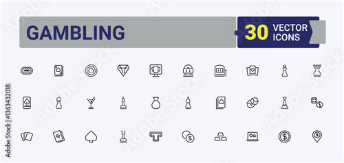 Gambling related icon set. Contains outline symbols like dice, poker, gamble, bet, ace, card and more. Casino vector icon set. Minimalist editable vector stroke. Signs for web and mobile app.
