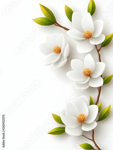 White magnolia blossoms on branch, isolated on white