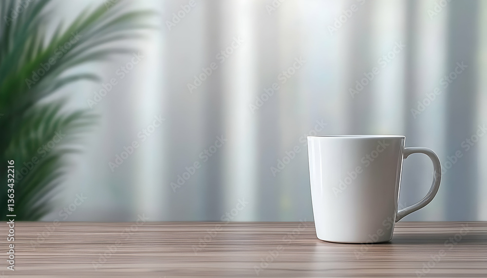 White mug on wooden table near window White mug on wooden table near window