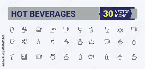 Hot Beverages vector icon set. Includes symbols for beverage, tea, cafes, espresso, breakfast, leaf and more. Coffee And Tea simple icon. Collection for mobile and web apps. Art and illustration.
