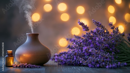 A minimalistic aromatherapy diffuser emits steam next to fresh lavender flowers and a small amber bottle of essential oil