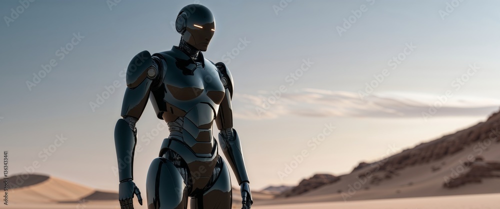 Futuristic robotic figure in black glossy armor in desert landscape Futuristic robotic figure in black glossy armor in desert landscape