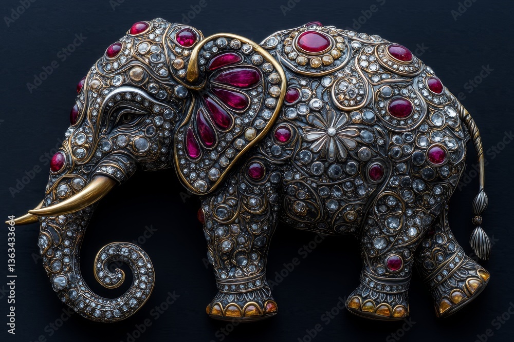 Obraz premium Decorative elephant statuette with ornate gemstone designs and vibrant floral patterns