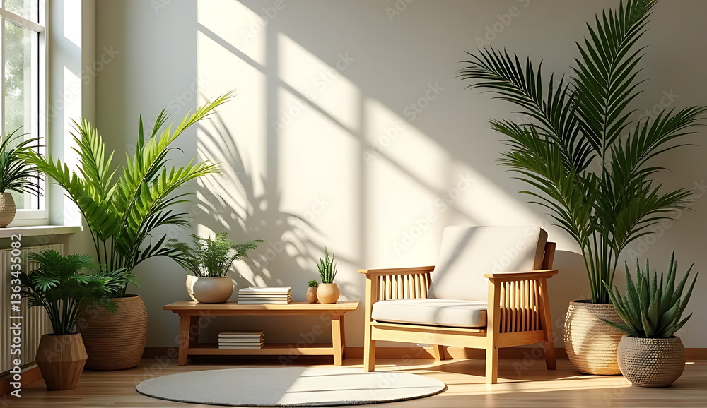 Fototapeta premium Cozy Chic Corner with Wooden Furniture and Greenery