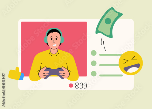 A cheerful gamer streaming online with audience interaction and receiving support