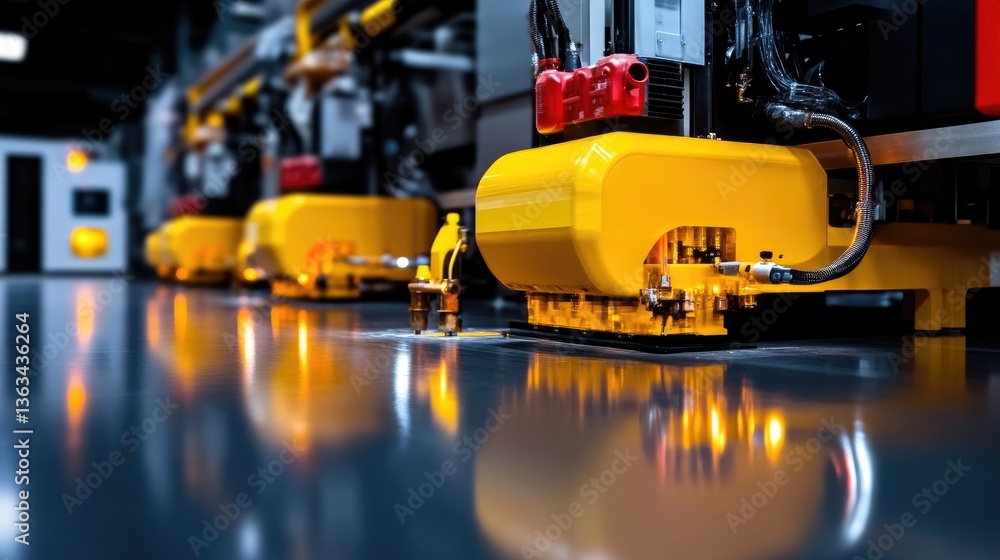 Automated manufacturing line with yellow robotic arms. Precisely placed robotic arms work on a dark, reflective surface. Automated manufacturing line with yellow robotic arms. Precisely placed robotic arms work on a dark, reflective surface.