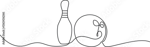 Single one line drawing bowling ball and pins. Sports equipment. Bowling sport game. Ball crashing pins. Strike bowling leisure concept. Modern continuous line draw graphic vector illustration.