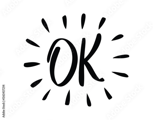 Ok comic doodle lettering flash effects. Shining hand drawn OK onomatopoeia. Okey okay decorative word cartoon icon