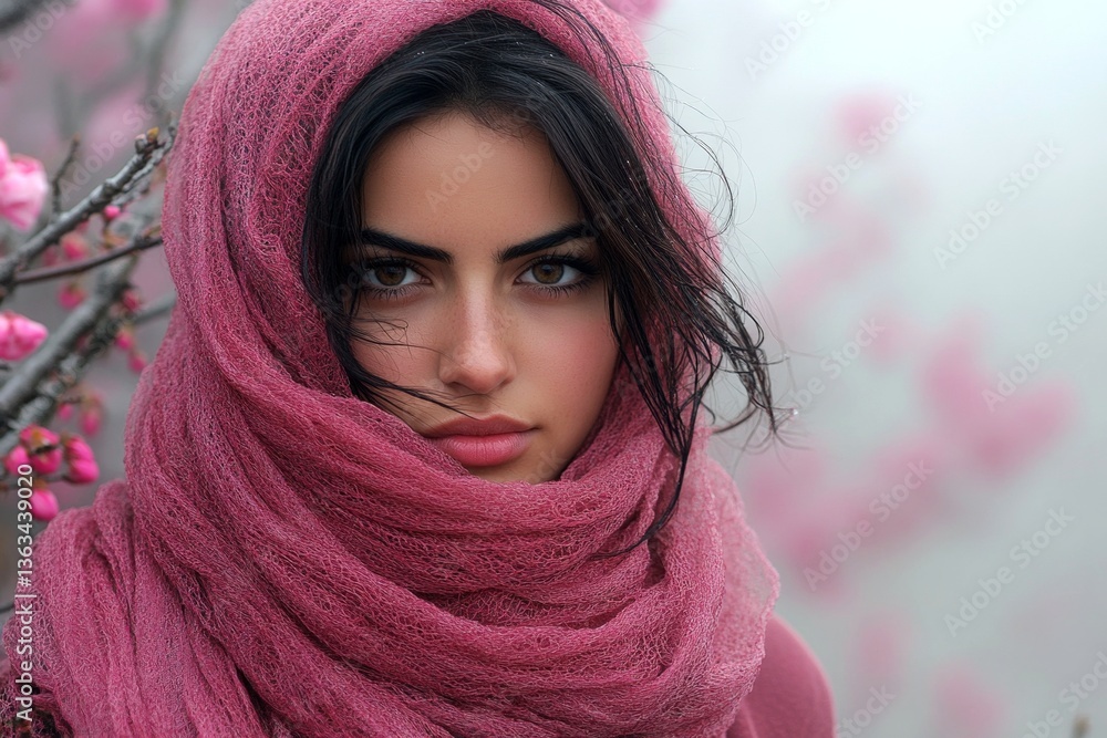 Spring mood, early sunshine and fog. Commercial visual idea. Lovely middle eastern young woman surrounded by cherry blossoms. Woman surrounded by spring flowers inhaling aroma. Spring mood, early sunshine and fog. Commercial visual idea. Lovely middle eastern young woman surrounded by cherry blossoms. Woman surrounded by spring flowers inhaling aroma.