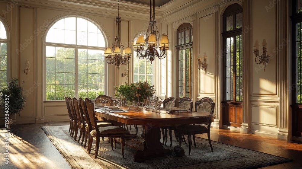 Obraz premium Elegant sunlit dining room with wooden table and chandelier lighting