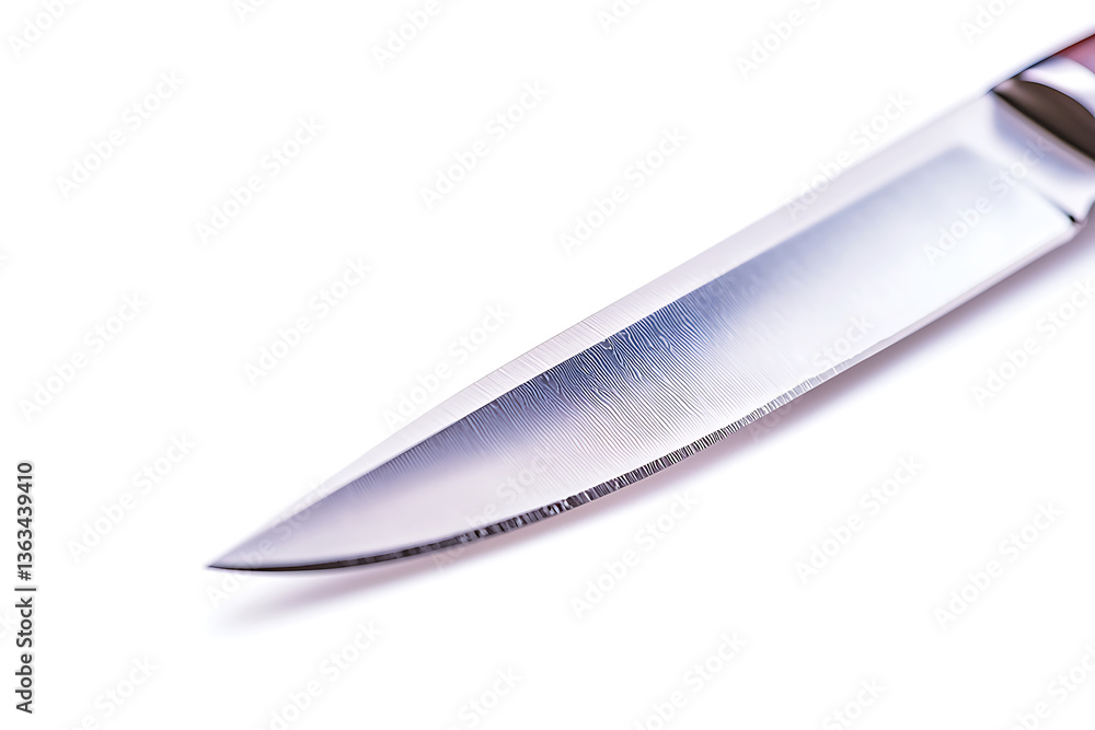 Close-up of a sharp shining knife blade with a wood handle against a white background. Close-up of a sharp shining knife blade with a wood handle against a white background.