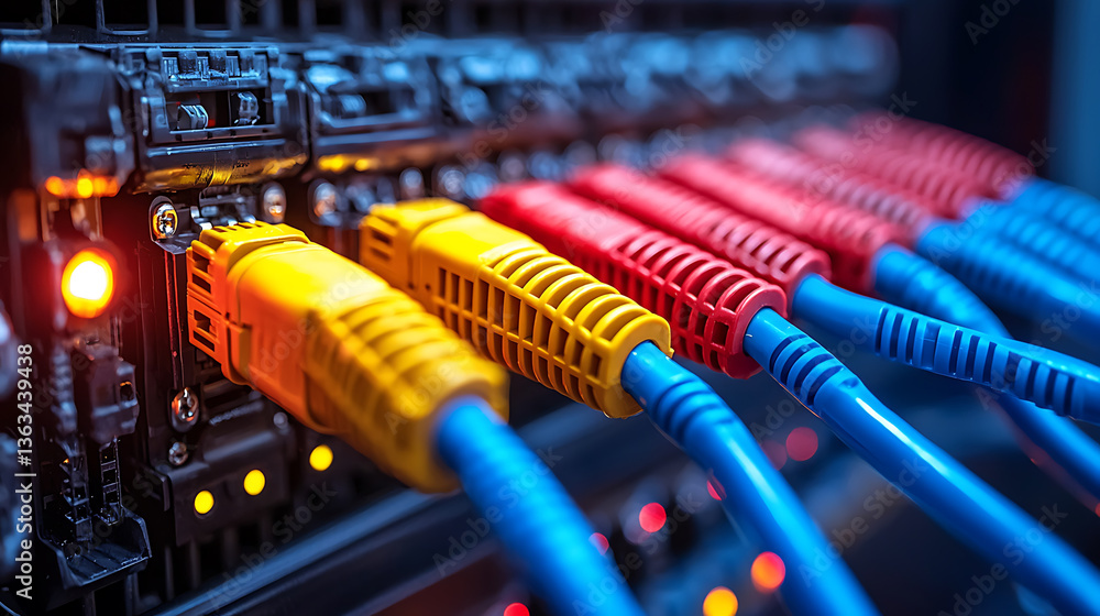 Close-up view of colorful network cables plugged into a server illuminating with lights.