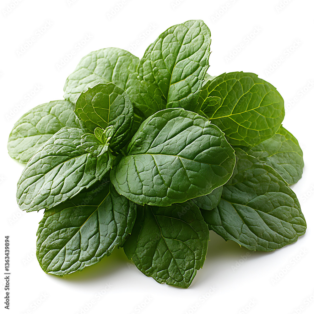 Fresh green mint leaves clustered together showing their vibrant color and textured surfaces isolated on a white background. Fresh green mint leaves clustered together showing their vibrant color and textured surfaces isolated on a white background.