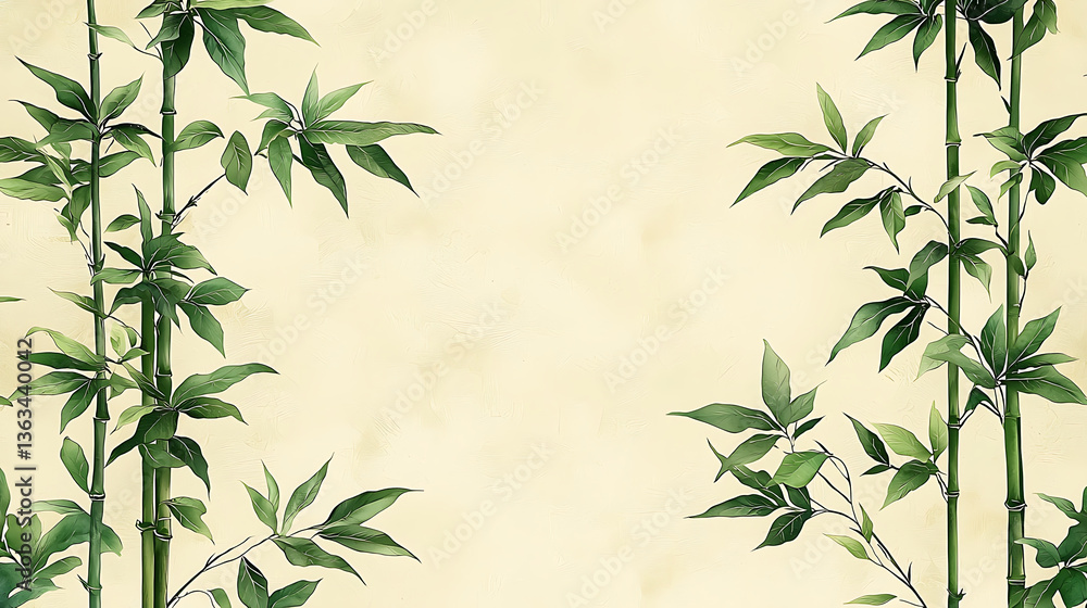 Fototapeta premium Green bamboo stalks and leaves frame a soft textured beige background.