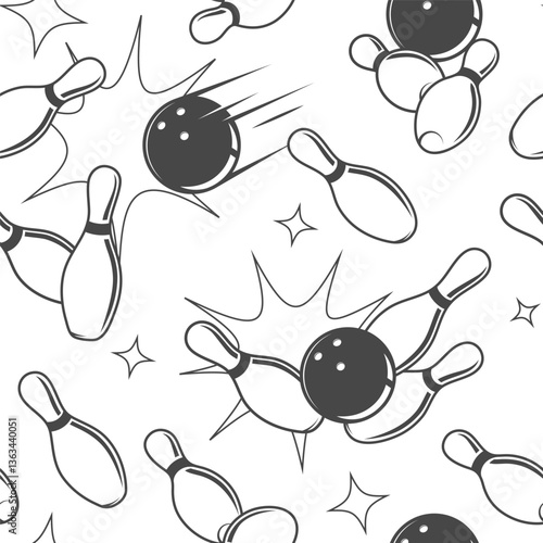 Bowling, skittles seamless pattern, background in a comic, cartoon, vintage style