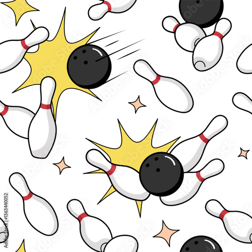Bowling, skittles seamless pattern, background in a comic, cartoon style
